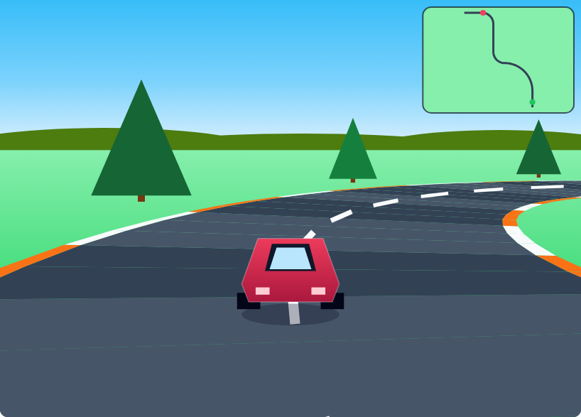 同じ道を3Dで走って見ている画面。カーブを曲がる赤い車と、右上に道全体のミニマップ